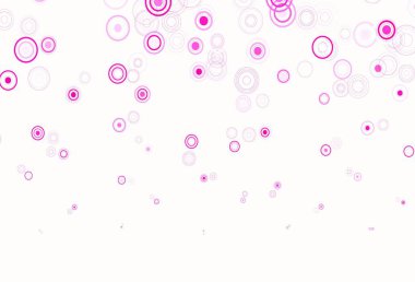 Açık pembe, daire şekilli sarı vektör düzeni. Soyut arka planda bulanık kabarcıklar ve renkli gradyan. Reklamlar, broşürler için desen.