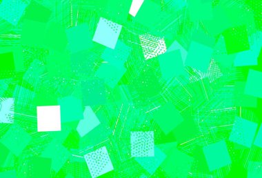 Açık yeşil, sarı vektör arkaplan ve daireler şeklinde çokgen. Soyut tarzda dekoratif tasarım, çizgiler, noktalar, küplerle. Reklamlarınız için akıllı tasarım.