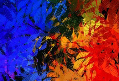 Koyu renkli, yaprakları olan zarif bir şablon. Yapraklarla karalama tarzında renkli çizimler. Web siteleri ve pankartlar için desenli desen.