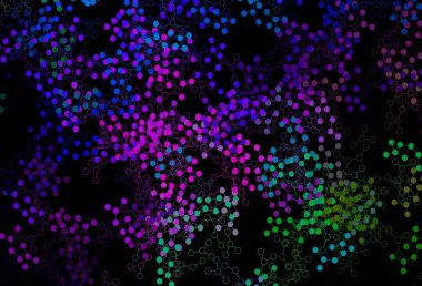 Koyu renkli vektör arkaplanı ve yapay zeka verileri. Yapay zekanın bağlantı ve noktalarıyla soyut illüstrasyon. Siber yeniliklerin tasviri için tasarım.