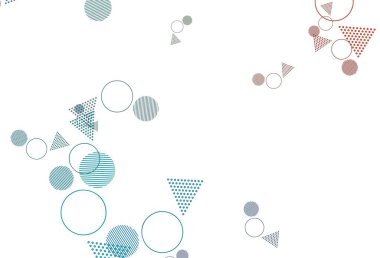 Açık mavi, üçgenli kırmızı vektör arkaplan, daireler. Çemberler ve üçgenlerle soyut gradyan çizimi. Web siteleri için desen.