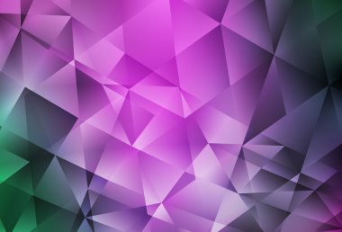 Açık pembe, yeşil vektör eğimli üçgen dokusu. Üçgenlerden oluşan parlayan çokgen çizimler. Arkaplanlarınız için desenli desen.