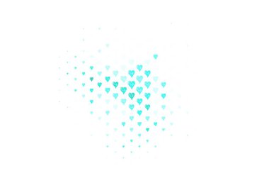 Parlayan kalpleri olan açık yeşil vektör arka planı. Bulanık arkaplanda gradyan kalp şekilleri olan bir resim. Sevgililer günü ilanı ve kitapçıkları için bir model..