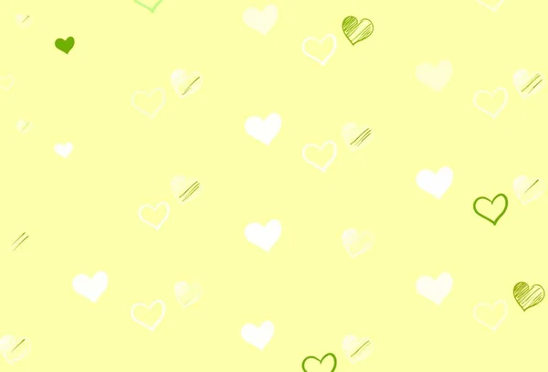 浅绿色 黄色矢量模板与涂鸦心 装饰华丽的插图与心脏在抽象模板 狂欢节的模式 节庆浪漫传单 — 图库矢量图片