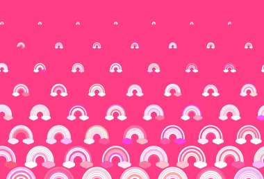Açık pembe, gökkuşaklı sarı vektör dokusu, bulutlar. Gökkuşağı ve bulut şekilli dekoratif çizimler. Çocuk tasarımı için örnek.