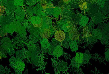 Koyu yeşil, sarı vektör soyut arkaplan, ağaçlar, dallar. Parlak renkli çizimler, karalama tarzında ağaçlar. Çocuk kitapları için renkli desen.