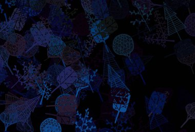 Koyu mavi vektör şablonu ağaçlar, dallar. Ağaçların karalama tarzında olduğu belirsiz soyut bir çizim. Web ve broşürler için elle boyanmış tasarım.