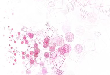 Dairesel çokgen biçimli açık pembe vektör arkaplanı. Küreler, kareler ve çizgilerle soyut çizimler. Reklamlarınız için akıllı tasarım.