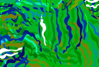 Açık mavi, eğri çizgileri olan yeşil vektör arkaplan. Kavisli çizgilerden oluşan parlak bir illüstrasyon. Broşürler, broşürler için doku.