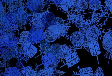 Koyu mavi vektör şekilli ağaçlar, dallar. Ağaçlar ve karalamalar ile soyut çizimler. Çocuk kitapları için renkli desen.