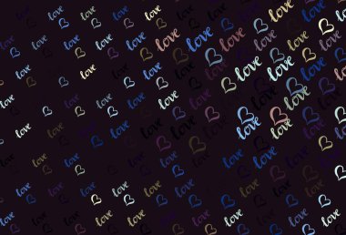 Koyu mavi, karalama kalpli sarı vektör şablonu. Bulanık arkaplanda gradyan kalp şekilleri olan bir resim. Evlilik hediyeleri için örnek, tebrikler..