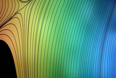 Açık mavi, kıvrımlı çizgileri olan sarı vektör şablonu. Değişken çizgileri olan renkli geometrik örnek. Tasarımınız için basit şablon.