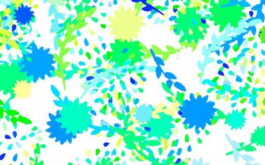 Açık mavi, çiçekli yeşil vektör karalama dokusu, güller. Karalama tarzında çiçekli renkli bir çizim. Web ve broşürler için elle boyanmış tasarım.