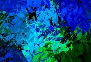 Koyu mavi, yapraklı yeşil vektör karalama deseni. Parlak renkli çizimler ve karalama tarzında yapraklar. Markan için şık bir model..