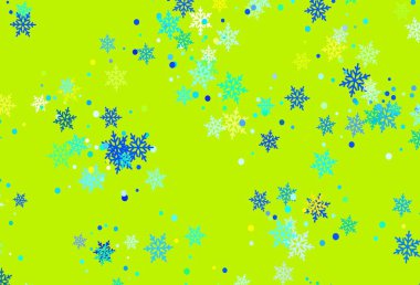 Açık mavi, renkli kar taneli yeşil vektör dokusu. Yılbaşı tarzında parlak renkli resimli kar. Yeni yıl broşürleri için desen.