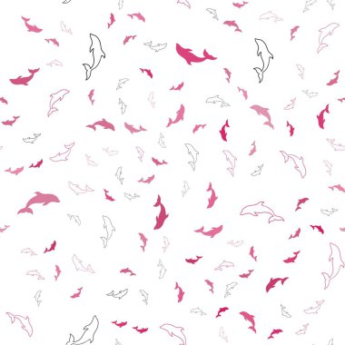 Açık mavi, deniz yunuslarında pürüzsüz kırmızı vektör deseni. Deniz yunuslarıyla doğal olarak dekoratif tasarım. Doğal dergiler için şablon.