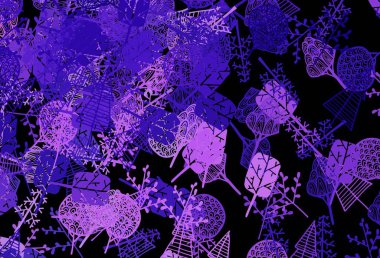 Koyu mor, pembe vektörlü, ağaçlı, dallı, zarif bir arka plan. Ağaçlarla karalama tarzında yeni renkli çizimler. Ağ ve ambalaj için elle boyanmış tasarım.