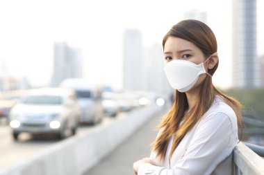 Şehir hava kirliliği kavramı. Şehirdeki PM2.5 hava kirliliğini korumak için N95 maskesi takan kadını kapatın.