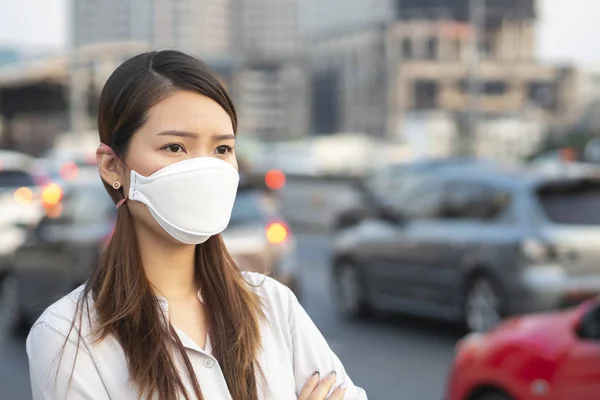 City Air Pollution Concept Close Woman Wearing N95 Mask Protect — Stock Photo, Image