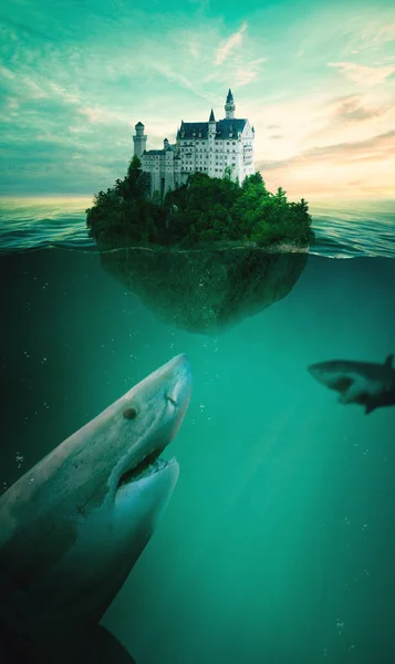 Château Sur Une Île Milieu Océan Entourée Requins Des Requins — Photo