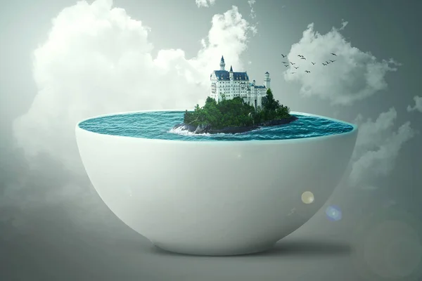 Castle. Bir tabak içinde su adada. Bir ada bir tabak içinde soyut gösteren resim