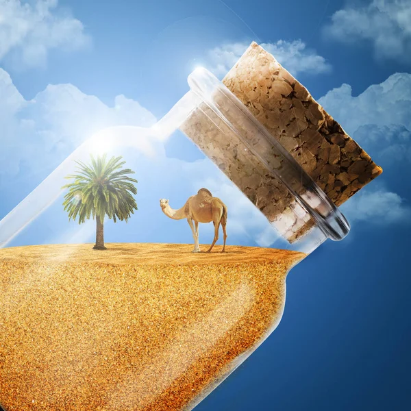 Bir deve ve palmiye ağaçları kum bir şişe. Çölde şişe. Bir deve ile bir çöl. Şişe kum üzerinde mavi bir arka plan ile. Şişe mavi bir arka plan üzerinde. Çölde seyahat