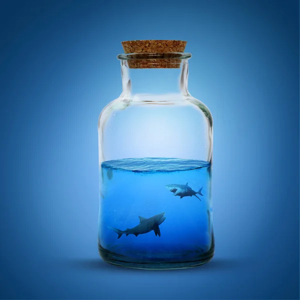 Bir şişe mavi bir arka plan üzerinde köpekbalıkları ile okyanus kolaj