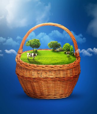 Glade ve yeşil çayır sepet. İnekler çayırda. Süt. Ağaç ve yeşil çayır üzerinde ineklerin. 3D çizim