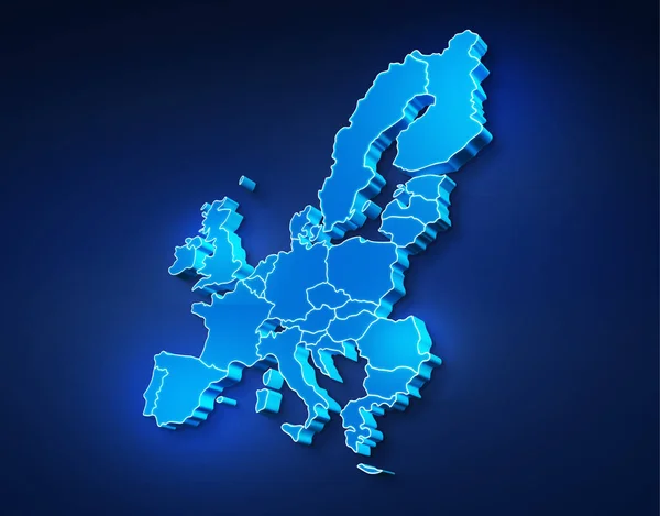 Blue 3D map of European Union on a dark blue background. 3D illustration of a map of European Union.