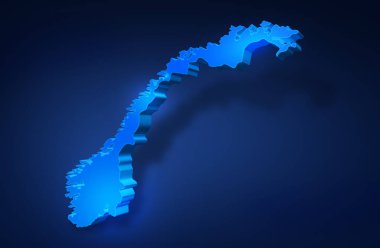 Norveç 'in mavi 3d haritası koyu mavi bir arka plan. Norveç haritasının 3d illüstrasyonu.