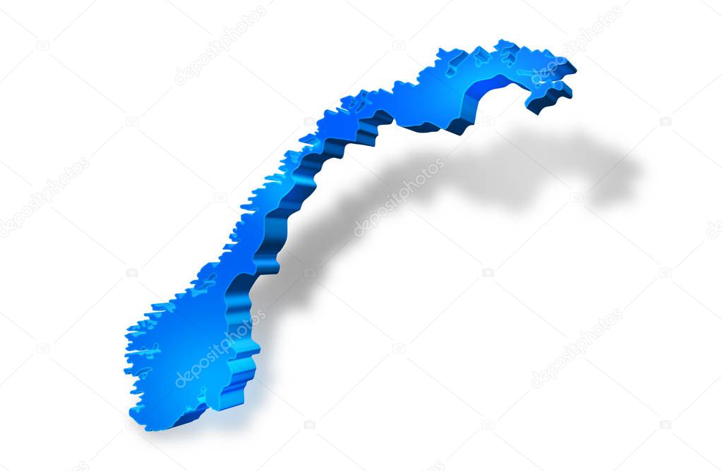 Isolated Blue 3D map of Norway a white background. 3D illustration of a map of Norway.