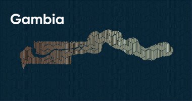 Bir stilize doğu üst üste bindirme desenli ve dönüşüm efektli kart. Haritada üst üste bindirilmiş oryantal altın deseni. Gambiya Siyasi Haritası