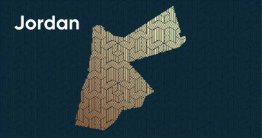 Bir stilize doğu üst üste bindirme desenli ve dönüşüm efektli kart. Haritada üst üste bindirilmiş oryantal altın deseni. Ürdün Siyasi Haritası