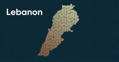 Bir stilize doğu üst üste bindirme desenli ve dönüşüm efektli kart. Haritada üst üste bindirilmiş oryantal altın deseni. Lübnan Siyasi Haritası