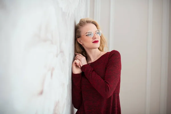 Stylish Young Beautiful Woman Red Dress Eyeglasses Posing White Wall — Stock Photo, Image