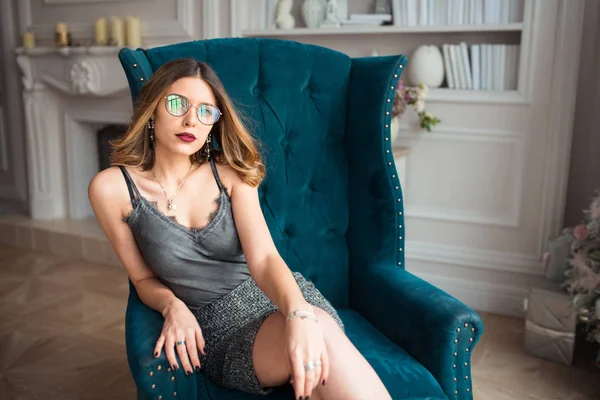 Young Beautiful Lady Spectacles Posing Cozy Armchair Indoors Office Room — Stock Photo, Image