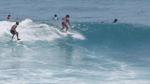 Surfař jezdí na vlně v příboji na ocean blue v místě surf. — Stock video