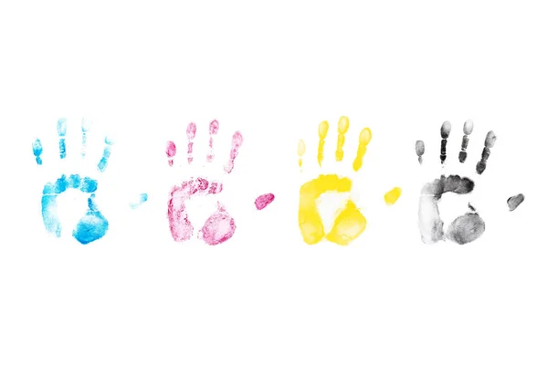 Color hand prints on white background. — Stock Photo, Image