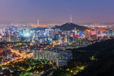 Gece Seoul City hava görünümü, Güney Kore.