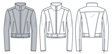 Leather Belted Jacket fashion flat technical drawing template. Unisex Biker Jacket technical fashion Illustration, front and back view, white, grey, women, men, unisex CAD mockup set. clipart