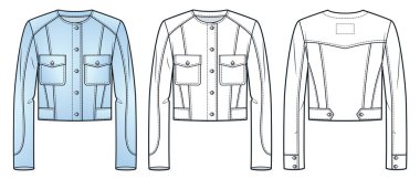 Denim Jacket teknik moda illüstrasyonu. Kırpılmış Ceket moda düz çizim şablonu, düğmeler, uzun kol, ön cepler, ön ve arka görüş, beyaz, açık mavi, kadın, erkek, unisex CAD modeli.