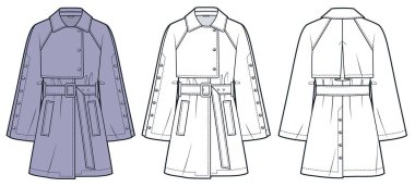 Kemerli Trençkot ve Geniş Kollu Moda Çizimi. Raglan Kollu Ceket Düz Teknik Şablon, cepler, ön ve arka görünüm, beyaz, leylak, kadın, erkek, unisex CAD modeli.