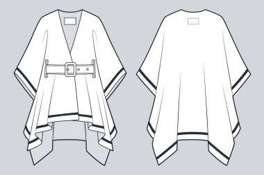 Kemerli düz çizimli Unisex Poncho. Poncho Coat moda düz çizim şablonu, ön ve arka görünüm, beyaz, kadın, erkek, unisex CAD modeli.
