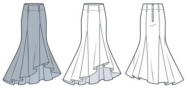 Asimetrik Godet Etek Teknik Moda Çizimi. Çizgili uzun etek moda düz çizim şablonu, işaret fişeği, arka fermuar, ön ve arka görüş, beyaz, gri, kadın CAD modeli.