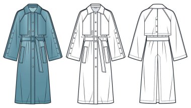 Kemerli ve düğmeli Denim Trench Coat Teknik Moda Çizimi. Raglan Kollu Uzun Ceket Düz Teknik Şablon, geniş kollu, cepli, önden ve arkadan görünüşlü, beyaz, mavi, kadın, erkek, unisex CAD modeli.