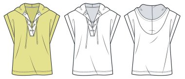 Dantelli tişört Teknik Moda İllüstrasyonu. Kolsuz Başlıklı Tişörtlü Moda Düz Şablonu, v yaka, ön ve arka görüş, beyaz, sarı, kadın, erkek, unisex CAD modelleme seti.