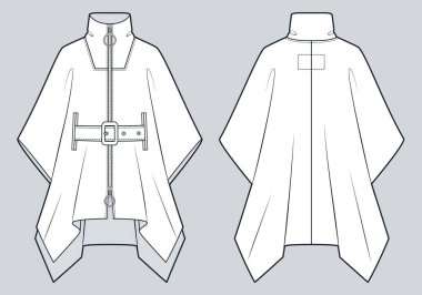 Yüksek yakalı, Teknik Moda İllüstrasyonlu Kadınlar Pançosu. Kemerli palto düz teknik çizim şablonu, ön fermuar, ön ve arka görünüş, beyaz, kadın, erkek, unisex CAD modeli.