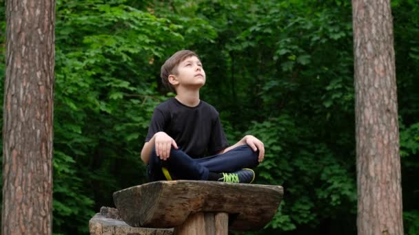 Kinderyoga Het Park Jonge Jongen Yoga Positie Sluit Zijn Ogen — Stockvideo