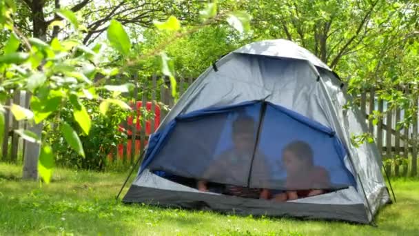 Брат Сестра Лагере Летом Дети Играют Палатке — стоковое видео