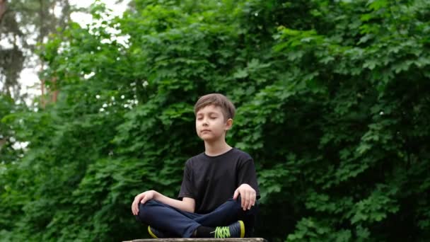 Barnyoga Parken Ung Pojke Yogaposition Blundar Och Mediterar — Stockvideo